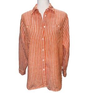 Lauren Ralph Lauren Petite Orange White Stripe Linen Button Down Shirt Petite M